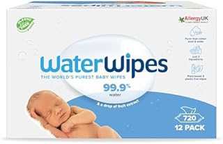 WaterWipes Original pozbawione plastiku chusteczki dla niemowląt, 720 sztuk (12 opakowania), nawilżane w 99,9% wodą, bezzapachowe, dla wrażliwej skóry