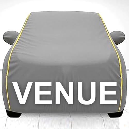 Image of UNIQE Car Cover Compatible for Hyundai Venue All Model & Years (2019-2025) 100% Waterproof with Mirror Pockets, Triple Stitched Bottom Elastic Dustproof Full Body Protection (Grey, Venue)
