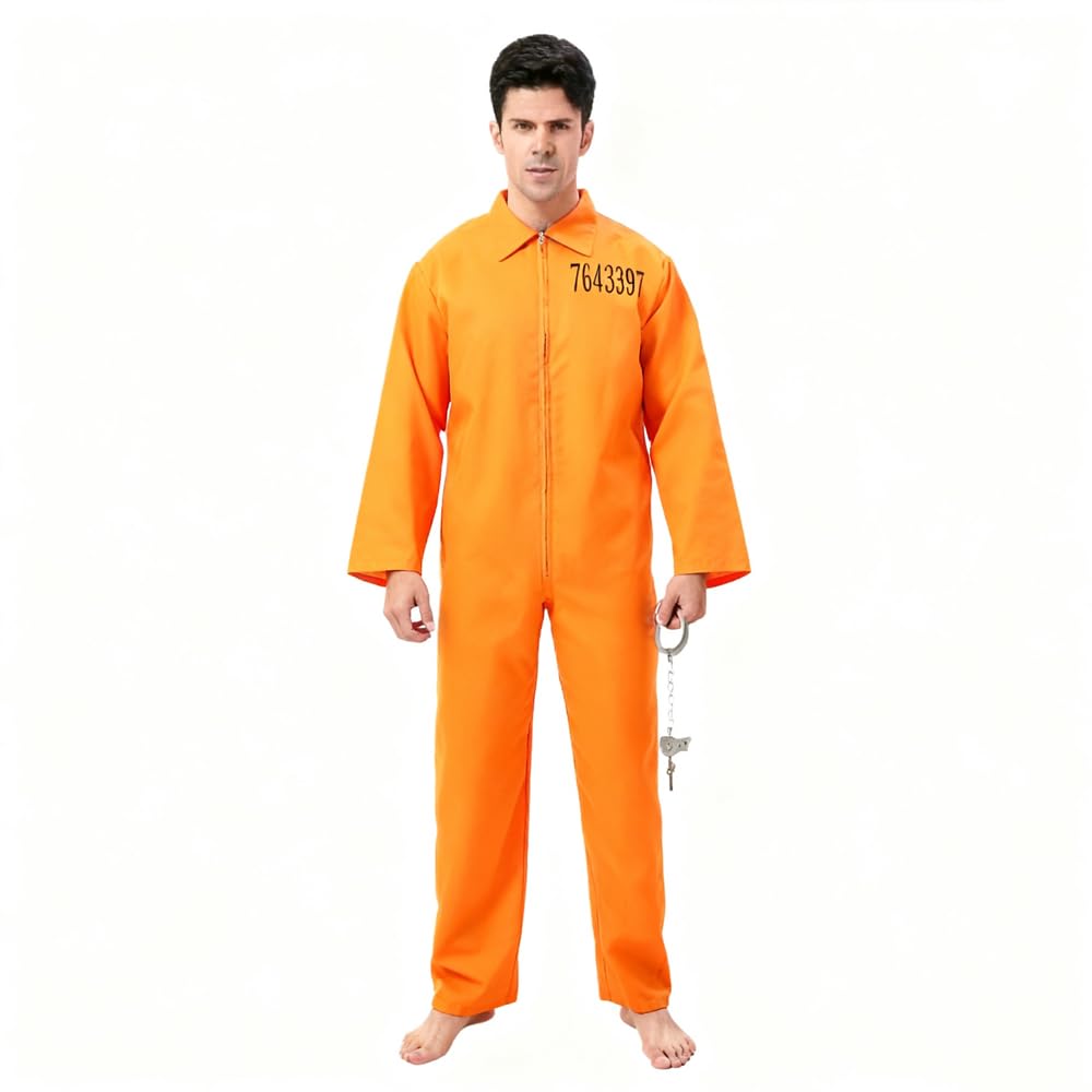 AR BRAND EST. 2021 Prison Costume Orange Jumpsuit, Convict Inmate Fancy Dress Boiler Suit Overall with ID Number, Adult Costume for Halloween, Cosplay Events (XL)