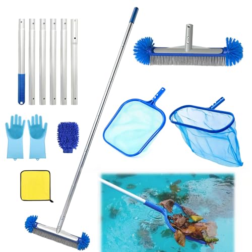 ChunDA Pool Reinigungsset Pool Kescher mit Teleskopstange 230cm Lang Pool Zubehör Set mit Poolbürste Pool Kescher Netz Reinigungstuch Silikonhandschuhe Plüschhandschuh (Farbe zufällig)