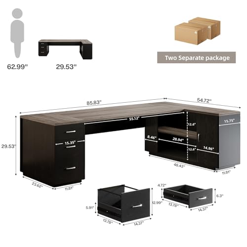 Image of Tribesigns 85.8-Inch L-Shaped Executive Office Desk with File Drawers & Storage Cabinet, Professional Corner Computer Desk Extra Large Business Workstation with Adjustable Shelves (Gray&Black)