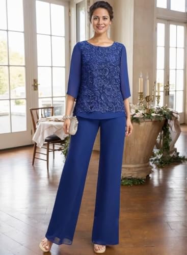 2 Pieces Mother of The Bride Pant Suits Lace Appliques Chiffon Wedding Pantsuits for Women Dressy2