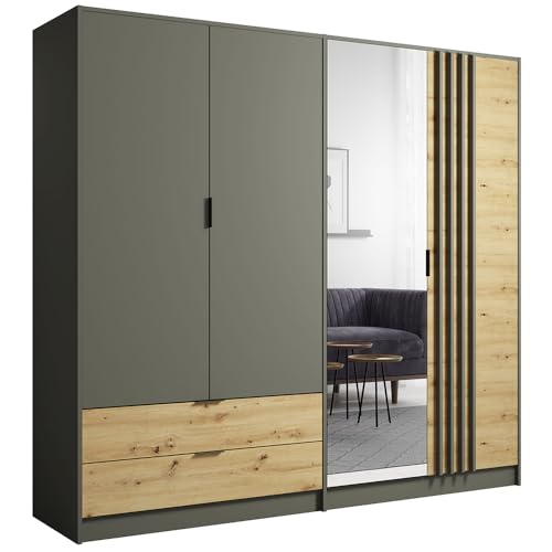 Lomadox Schlafzimmer Komplett Set 4-teilig mit Bettgestell 180x200 cm Kleiderschrank Kommode Nachttische modern in Graphit mit Eiche – Bild 3