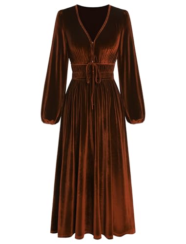 ZAFUL Womens Long Sleeve Velvet Dress 2025 Fall V Neck Holiday Cocktail Party Semi Formal Midi Dresses for Wedding Guest, Brown, Large