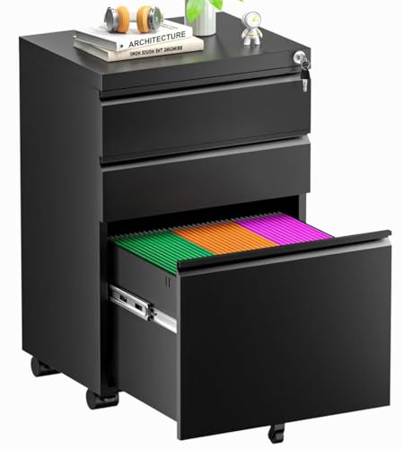 Image of Superday Black File Cabinet 3 Drawer, Fully Assemble Metal Rolling Vertical Filing Cabinet with Wheels, Small Under Desk File Cabinets for Home Office