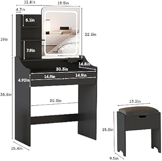 Vabches Vanity Desk with LED Light Mirror and Charging Station, Small Cute Vanity Set with 4 Storage Shelves 2 Drawers, Vanity for Girls Women with Storage Stool, Vanity Table for Bedroom (Black)
