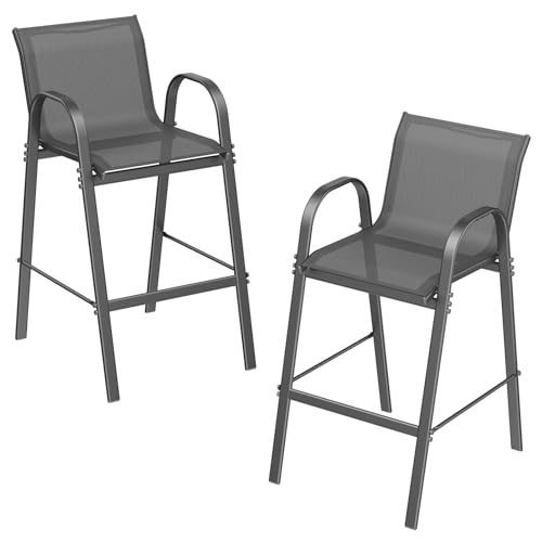 ONBRILL Outdoor Bar Stool Set of 2, Patio Bar Chairs with High Back and Metal Armrest, All Weather Textilene Tall Outdoor Bar Height Chairs for Balcony, Porch (Grey)