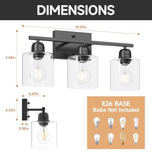 Image of Modern 3 Light Bathroom Light Fixtures, 19 inch Black Vanity Lights For Bathroom With Clear Glass, Bathroom Lighting Fixtures Over Mirror For Mirror Kitchen Living Room Hallway Cabinet Porch