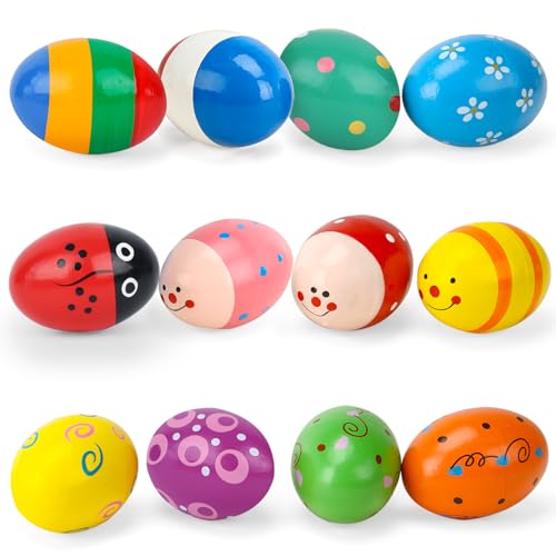 POPLAY 12PCS Wooden Percussion Musical Eggs Maracas Egg Shakers for Party Favors Classroom Prize Supplies Musical Instrument