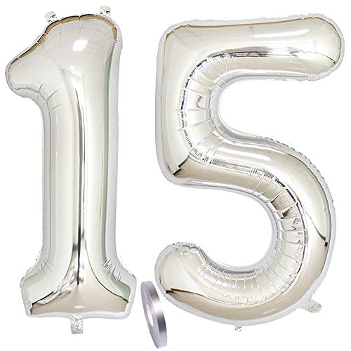 2 Ballons Numéro 15, Ballon 15 Ans Anniversaire Argent Fille Garcon,40" Silver Géant Ballon Figurines Gonflable Hélium Feuille Chiffres Deco Pour La Décoration De Fête D'anniversaire,Prom (XXXL 100cm) Cover