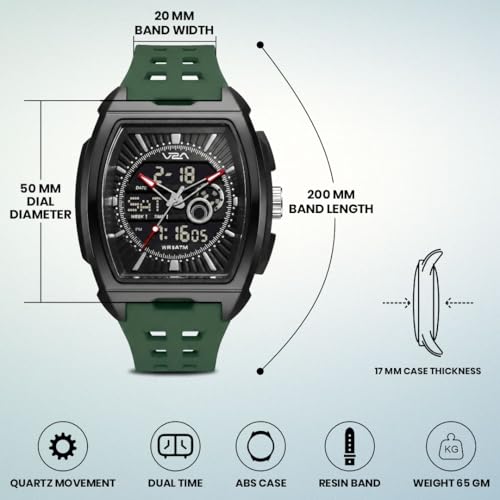 Image of V2A Impact 50mm Analog Digital Watch for Men | Tonneau Sports Case Design | Alarm Stopwatch Countdown Dual Time | TPU Strap | 50M Water Resistant | Gift for Men