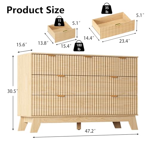 Image of Dresser 7 Drawer Dresser for Bedroom, 47''W Fluted Wooden Dresser Storage Cabinet and Chest of Drawers with Metal Handle, Storage Organizer for Living Room, Hallway, Entryway, Nature Oak