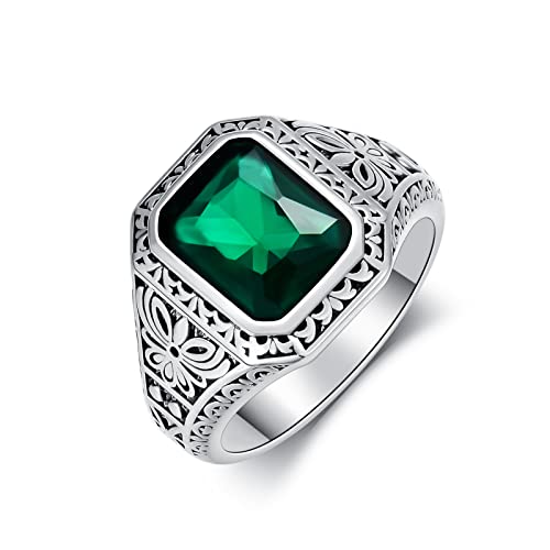 Green Simulated Emerald Ring for Men Sterling Silver Vintage Gothic Biker Ring