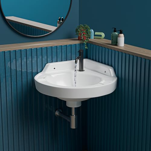 Image of REMOTION Ceramic Wall Hung Corner Wash Basin for Bathroom | Wall Mounted Corner Sink | Space-Saving, Durable & Stylish Design (17 x 15 x 7.5 Inch) (White)