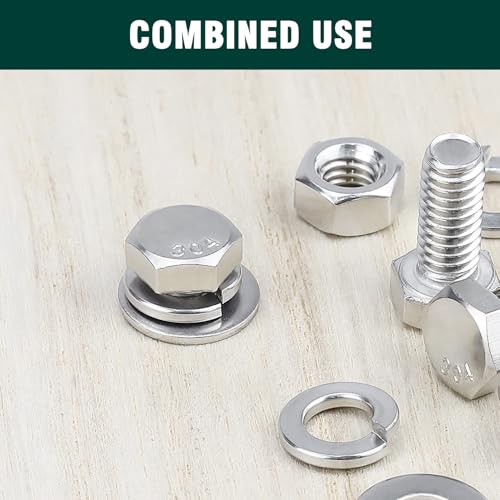 Image of (5 Sets) 1 /2-13 x 1 Hex Bolt and Nut Kit, 304 Stainless Steel (18-8), Fully Threaded, Flat & Lock Washers Included