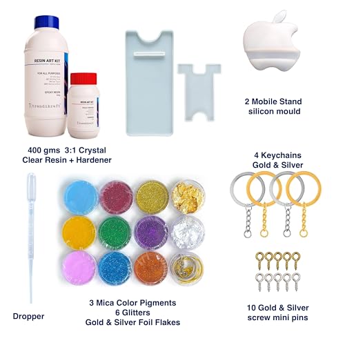Image of 400g DIY Epoxy Resin Art Materials Kit for Making Mobile Stand with Silicone Moulds, 6 Glitters, Gold & Silver Flakes & 3 MICA Color Pigments for Beginners (3:1 Raisin to Hardener)