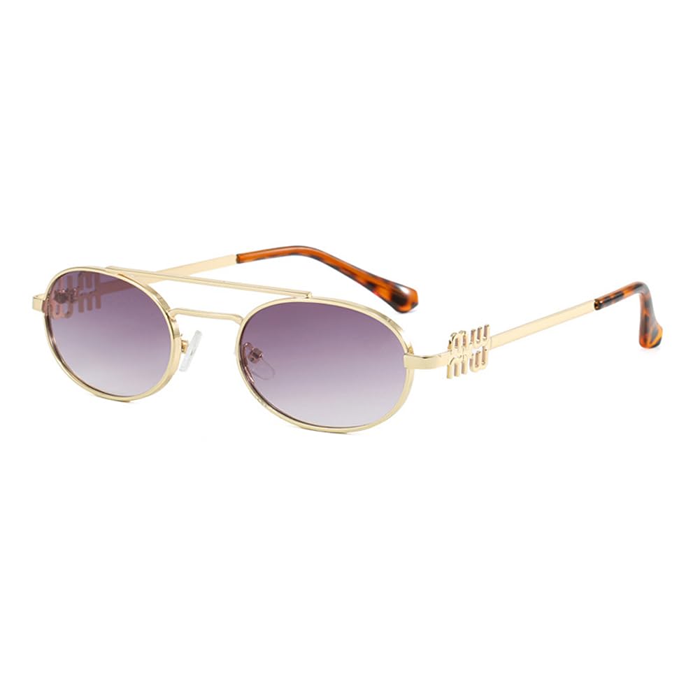 hermaner Oval Sunglasses Womens UV400 Protection Double Bridge Gold Metal Frame Personality Temples Ladies Sun Glasses Retro Sunnies Outdoor Street Travel
