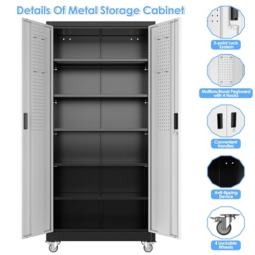 Image of Aobabo Upgraded Garage Storage Cabinets with Wheels,Metal Storage Cabinets with 5 Adjustable Shelves for Garage Home Office Storage, Black&Silver,71''H*32''W*16''D,Assembly Required