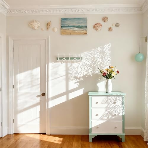 Image of SKOLOO Coastal Wall Mounted Coat Rack - 16-7 /8 inch Beach House Entryway Wooden Coat Hook with 5 Hooks for Hanging Coats, Hats or Towels, Oceanfront Cottage Core Collection, White & Green, Pack of 2