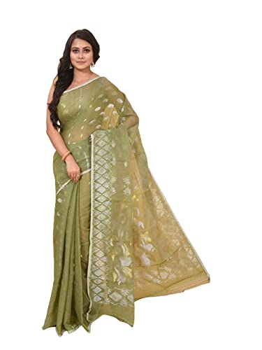 Sari musulmán mujer de algodón indio Dhakai Jamdani 5.5m con zari plata y cobre 945d