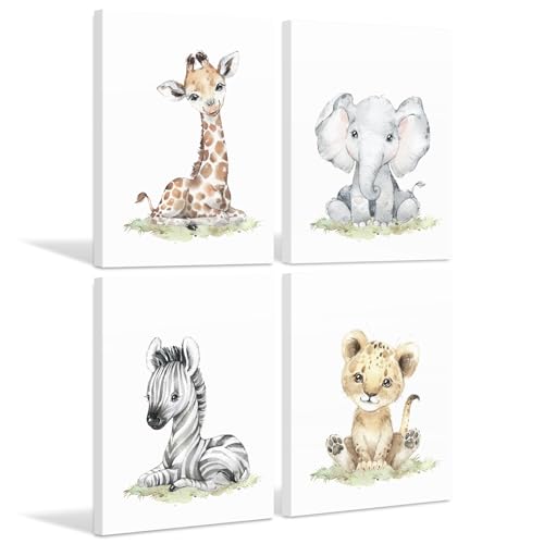 Image of Safari Nursery Wall Art Decor Baby Animal Canvas Wall Art Woodland Nursery Wall Decor Kids Jungle Animal Pictures Safari Giraffe Elephant Tiger Prints for Room Bedroom 8x10x4 Inch Wrapped Canvas