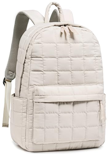 BTOOP Travel Backpack for Women Work Backpack Quilted College Backpacks for School Fit 15.6 Inch Laptop (Beige-Gray)