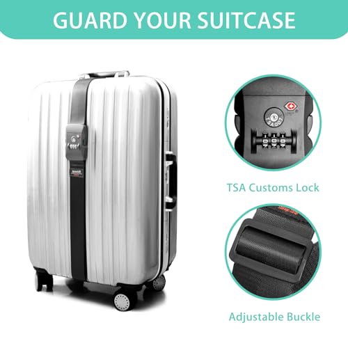 Luggage Strap Belt for 20"-32" Suitcase with TSA Approved 3-Dial Combination Lock Wide Adjustable Packing Straps Travel Accessories, Black3
