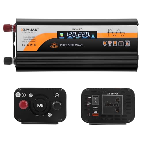 Inversor 900W 2000W Onda Sinusoidal Pura 12V a 220V 230V Convertidor Transformador de Voltaje de Coche, Inversor de Corriente con Pantalla LCD, Tomas de CA, Puerto Tipo C de 20W, Puerto USB de 5V/5A