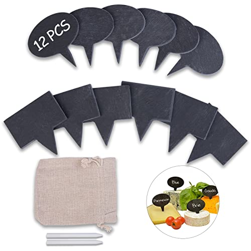 Natural Slate Cheese Markers Set - 12 Pieces Black Slate Cheese Markers Round with Slate pencils Decor Chalkboard Cheese Board Serving Tray Accessories
