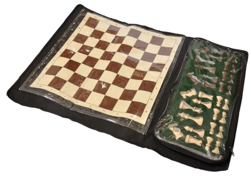 Image of PALM ROYAL HANDICRAFTS 17x17 inches Portable Travel Chess Set - Roll-Up Vinyl Board with Staunton Chessmen and Zippered Carrying Case - Perfect for Tournaments, Schools, and Outdoor Play.