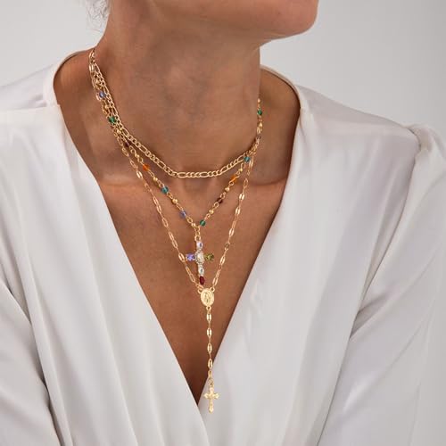 Layered Cross Lariat Necklace for Women Gold Cross Turquoise Sun Y Necklace Colorful Crystal Pearl Long Necklaces Boho Statement Jewelry Gifts2