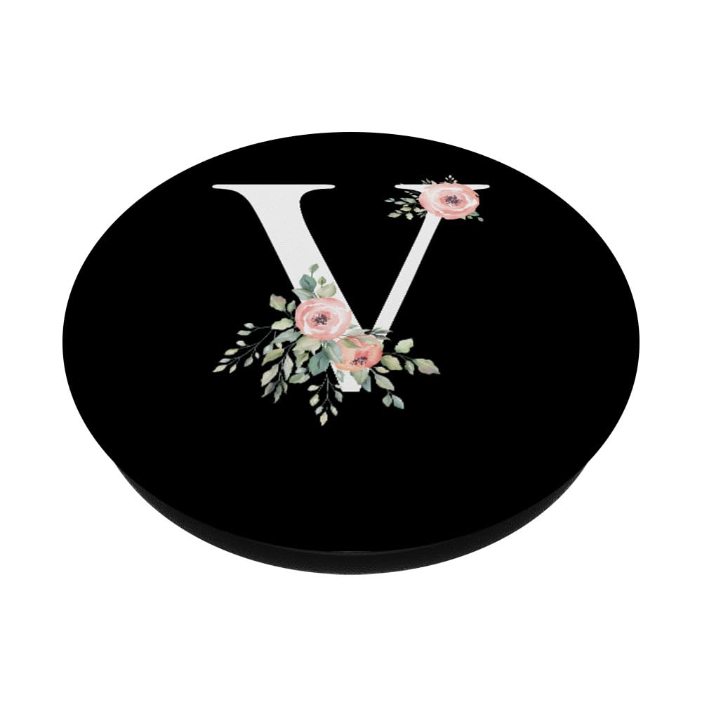 Initial Letter V PopSocket - Black White Stripe Gold Flower Phone Grip & Stand