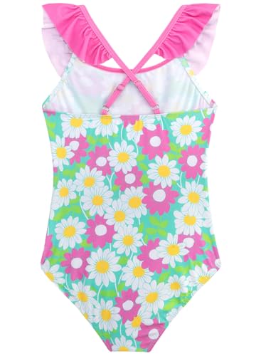 Image of XiaoMoSha Girls Swimsuits Ruffled Round Neck One Piece Bathing Suits Quick Dry UPF 50+ Summer Hawaii Swimwear for Kids 3-10T