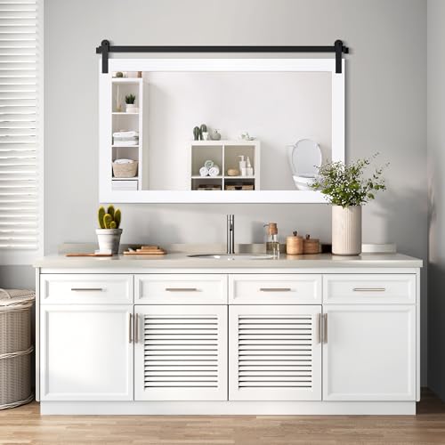 Image of COGOOD Farmhouse Bathroom Mirror - 49 x 30 Large Rectangle Barn Door Mirror for Vanity, Bedroom, Living Room Wall Decor (Pure White)