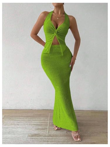 Image of SOLY HUX Women's Two Piece Outfits Twist Front Halter Cami Tops and Skirt Summer Set