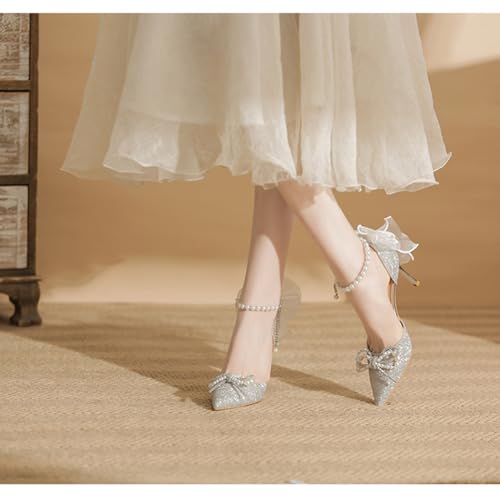Women's Heels with Bow Sparkly Rhinestone Pumps Closed Pointed Toe Pearl Ankle Strap Wedding Dress Shoes Strappy Heels for Women3