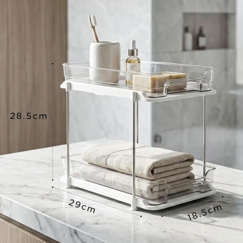 Image of Xmart India 2 Tier Under Sink Organizer, Pull Out Cabinet Storage Rack with Sliding Drawers & Hooks, Kitchen Cabinet Organizer, Bathroom Storage Shelf, Pantry & Laundry Organizer (2, Clear)