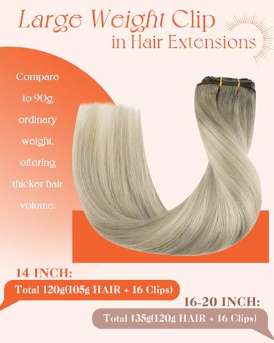 Image of Sunny Hair Clip in Hair Extensions Real Human Hair Blonde Ombre 120g | 14 Inch Remy Hair Extensions Clip in Blonde Ombre Balayage with Added Volume and Natural Blend for Graduation Hairstyles