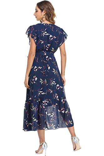 VintageClothing Womens Sundress Casual Floral Summer Boho Dress Flowy Wrap V Neck Ruffle A-Line Pleated Hem Midi Dresses2