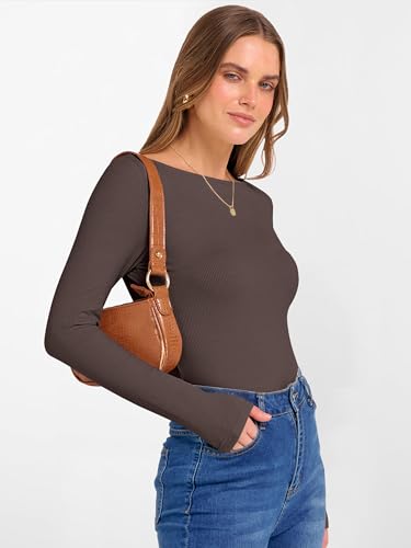 Image of ANRABESS Women's Boat Neck Long Sleeve Shirts Rib Knit Slim Fitting Tops Basic Tees 2026 Casual Comfy Fall Outfits Clothes