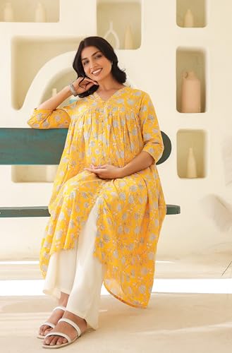 Image of Janasya Women's Pure Cotton Relaxed Fit A Line Floral Printed A-Line Maternity Kurta