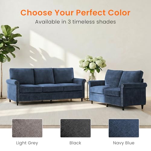 Image of ijuicy 2 PCS Sofa and Loveseat Set, Chenille Living Room Couches, Navy Blue | Modern Upholstered Sofa and Loveseat Living Room Furniture Sets with 6 inch Thicken Cushio, Nailhead Trim