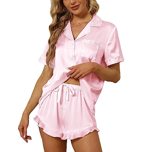 SAPJON Satin Silk Pajamas for Women 2Pcs Ruffle Notch Collar Sleepwear Button Down Short Sleeve Shorts Pjs Set Loungewear Pink