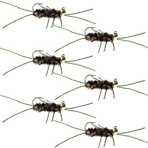 The Fly Fishing Place Tungsten Bead Jigged Pat's Rubber Legs Nymph Fly Fishing Flies - Coffee/Black with Olive Legs - Trout and Bass Wet Fly Pattern - 6 Flies Hook Size 10