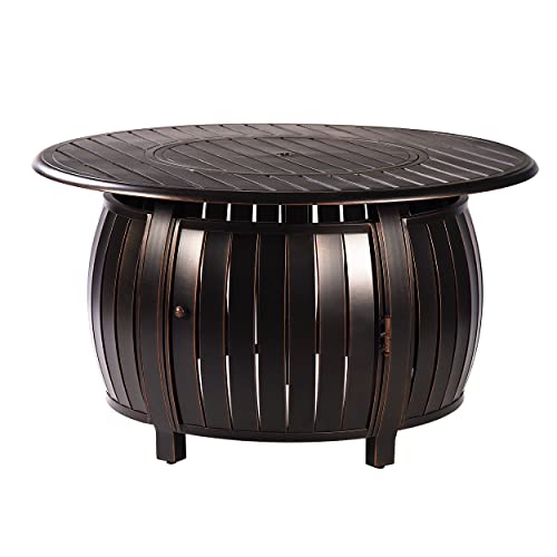 Aluminum-550000-BTU-44-in-Round-Propane-Black-Fire-Pit-Table-with-Fire-Beads-Lid-Propane-Tank-Cover-and-Table-Fabric-Covers-in-Copper-Finish