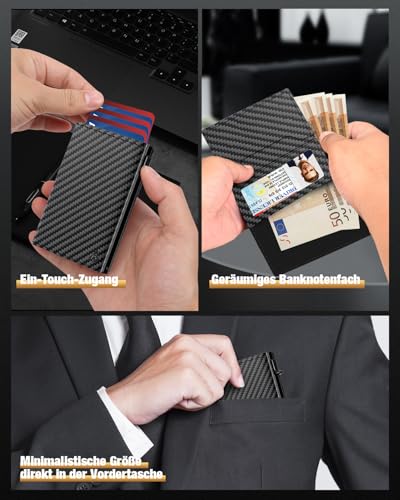 dwnkove Kartenetui Herren, Slim Wallet mit Münzfach & RFID Schutz & ID-Fenster, Pop-Up Smart Wallets for Men, Leder Portmonee Geldbeutel kartenetui für Karten, Kreditkartenetui Herren, Carbon Design 2