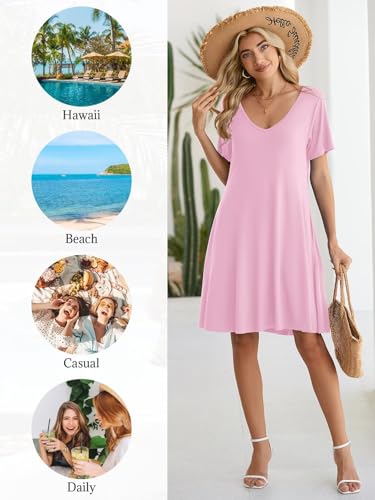 Image of BELAROI Women Casual Summer Dresses Loose Tshirt Beach Sundress V Neck Plus Size Swing Tunic Pockets