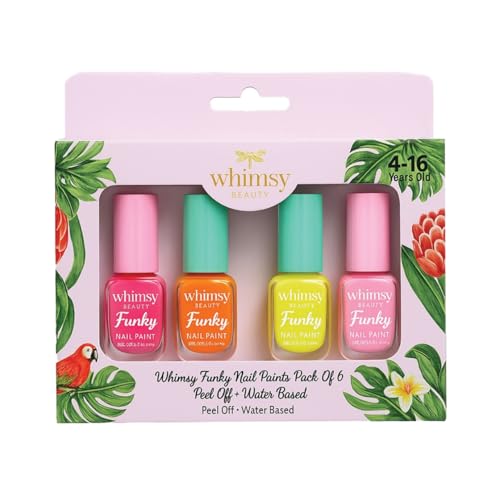 Image of Whimsy Beauty Funky Nail Paint Kit for Kids & Teens | 4 Peel Off Nail Paints + 2 Nail Sticker Sheets | Organic Natural Chemical Free | Quick Dry Washable | 4-16 Years