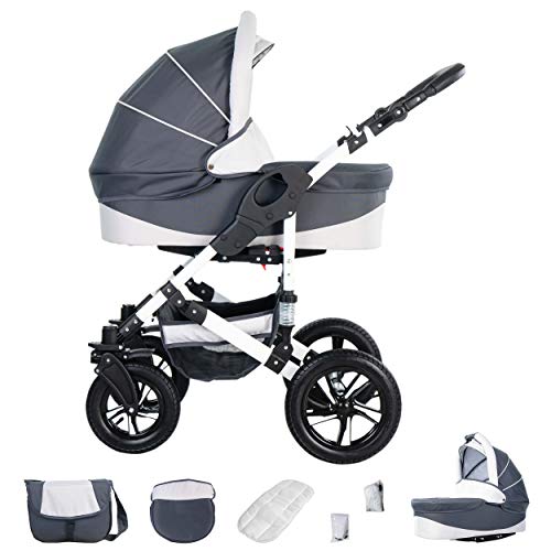 Friedrich Hugo Hamburg | 3 in 1 Kombi Kinderwagen Set | Luftreifen | Farbe: Grey & White