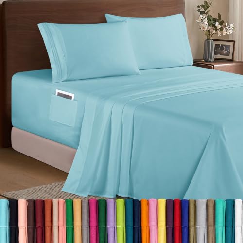 Image of Elegant Comfort Luxury 1500 Premium Hotel Quality Microfiber 4-Piece Sheet Set - Soft, All Around Elastic 18-24 Inches Deep Fitted Sheet - Extra Deep Pocket Sheets, Twin /Twin XL, Aqua